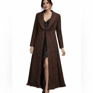 Vtg Lily & Taylor Brown Jacquard Duster Coat Genuine Fox Fur Hem XL Romantic